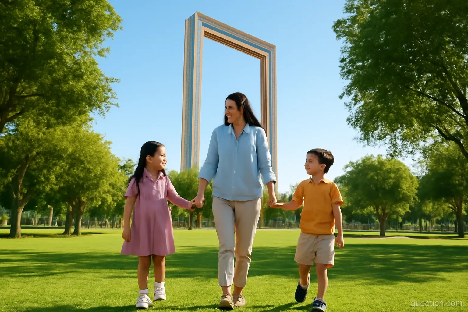 Vietnamese mother and two children walking hand in hand through the shaded green lawns of Zabeel Park in Dubai with the Dubai Frame in the background, wide shot, bright morning sun