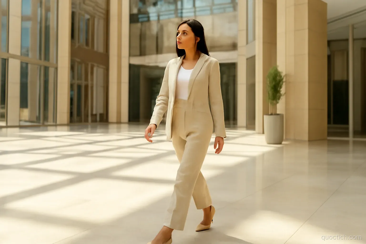 Asian businesswoman in a light linen suit walking across the sunlit atrium of the Gate Building in Dubai International Financial Centre, full body medium shot, cream and gold tones